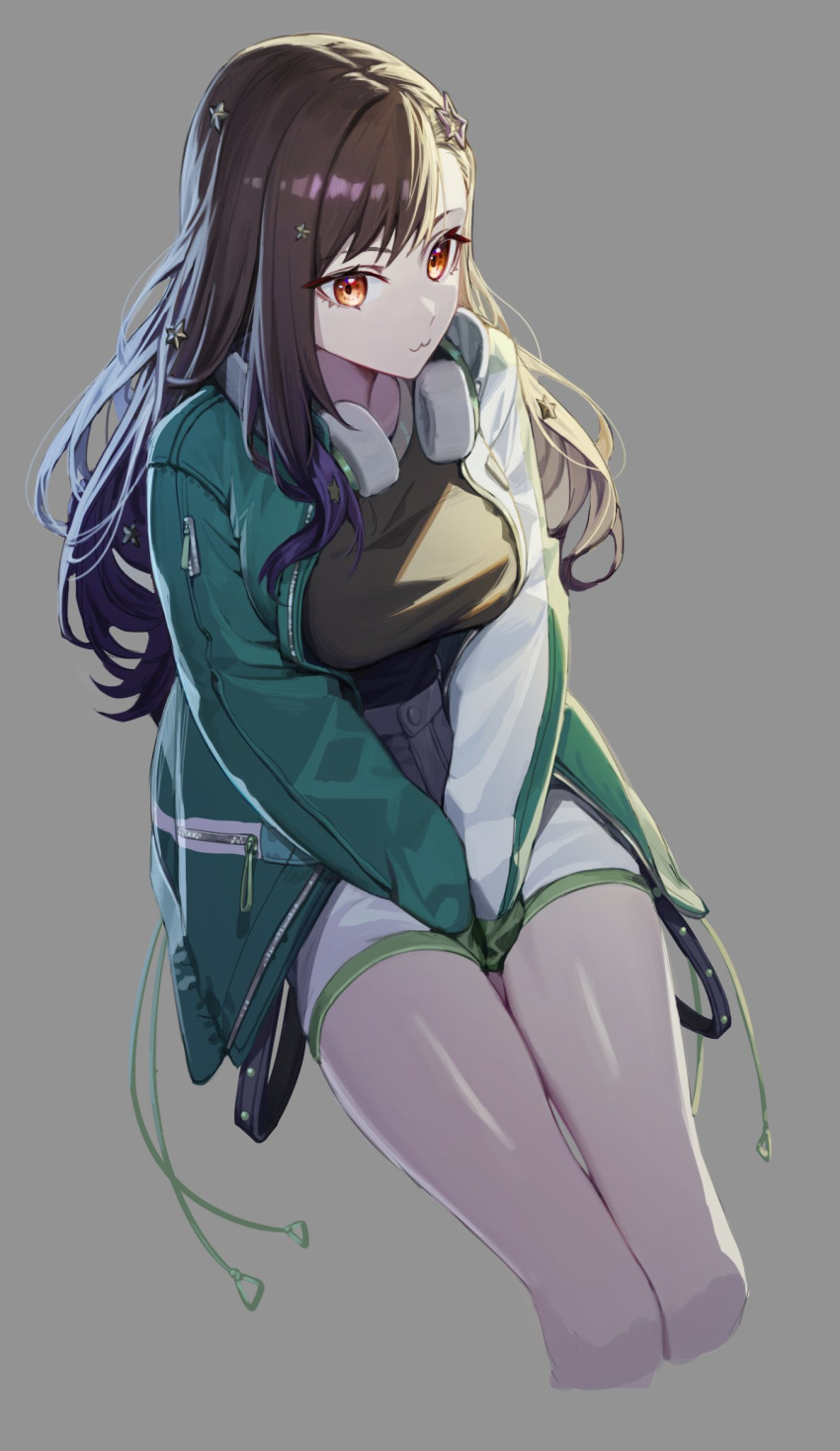 1girl :3 arms_under_breasts bangs bare_legs between_legs black_hair black_shirt breasts cropped_legs eyelashes from_above gradient gradient_hair green_jacket grey_background hair_ornament hand_between_legs headphones headphones_around_neck highres huge_breasts jacket legs_together long_hair looking_afar mincho multicolored_hair open_clothes open_jacket project_sekai purple_hair shiny shiny_skin shiraishi_an shirt shirt_tucked_in shorts sidelighting simple_background solo star_(symbol) star_hair_ornament swept_bangs thighs tsurime v_arms wavy_hair yellow_eyes zipper