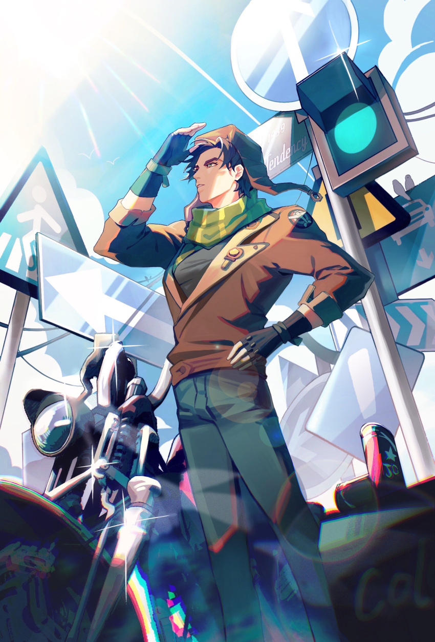 1boy absurdres battle_tendency bomber_hat bomber_jacket brown_hair brown_jacket can cityscape copyright_name denim fingerless_gloves gloves green_eyes ground_vehicle hand_on_hip highres jacket jeans jojo_no_kimyou_na_bouken joseph_joestar joseph_joestar_(young) jpeg_artifacts looking_up male_focus motor_vehicle motorcycle pants pickieeeee road_sign scarf shading_eyes sign sky soda_can solo sun traffic_light year