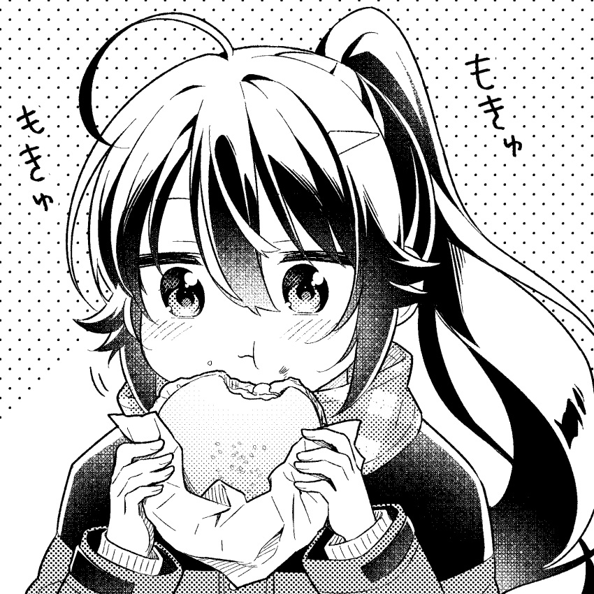 1girl :t ahoge bangs blush burger chewing closed_mouth eating fast_food food food_on_face food_wrapper greyscale hair_between_eyes halftone halftone_texture hands_up high_ponytail highres holding holding_food jaggy_lines layered_sleeves long_hair long_sleeves looking_at_viewer monochrome motion_lines no_nose official_art polka_dot polka_dot_background ponytail shiawase_toriming solo sound_effects tokiniwa_tsubasa upper_body warabimochi_kinako white_background