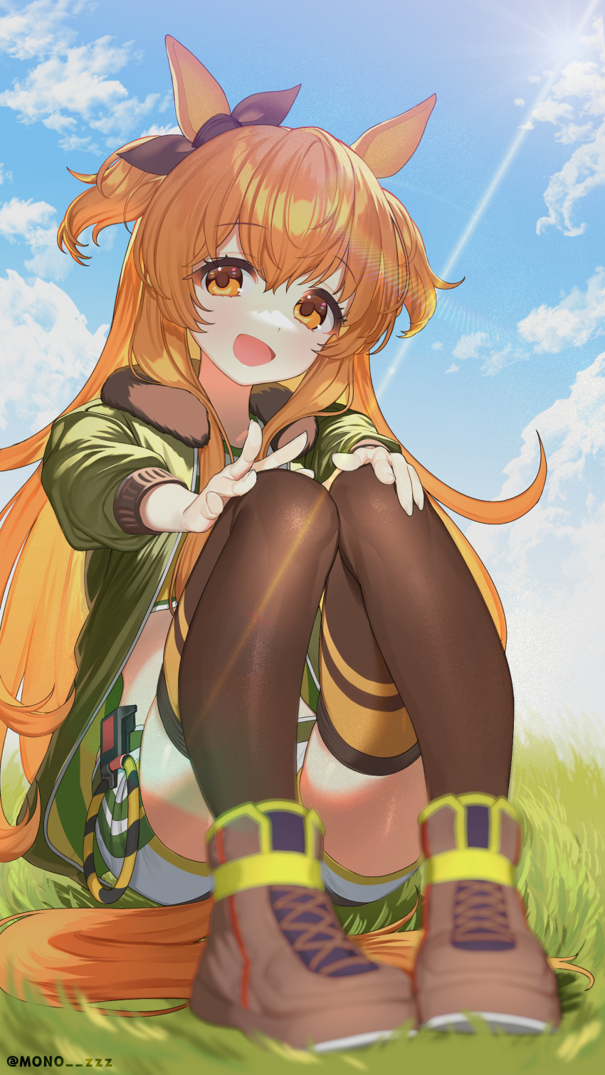 1girl absurdres animal_ears ankle_boots bomber_jacket boots clouds cross-laced_footwear ear_ribbon eyebrows_visible_through_hair grass highres horse_ears horse_girl horse_tail jacket knees_up lace-up_boots looking_at_viewer mayano_top_gun_(umamusume) mono_(mono_zzz) open_mouth orange_eyes orange_hair outdoors ribbon sitting sky solo sunlight tail thigh-highs two_side_up umamusume
