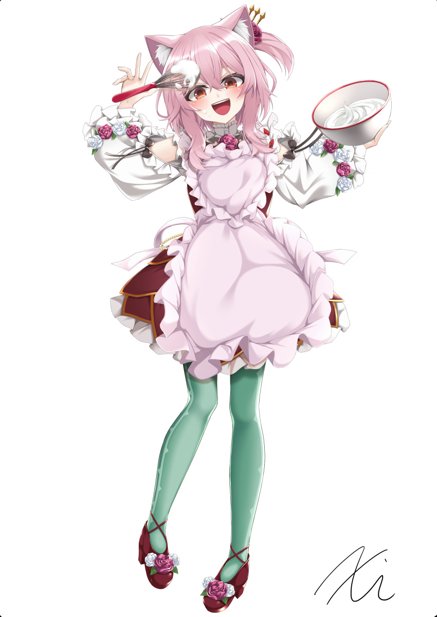1girl absurdres animal_ears apron bare_shoulders blush bow bowtie buttons cat_ears chocolate chocolate_making clothing_cutout double-breasted dress eyebrows eyelashes flower full_body green_legwear hair_flower hair_ornament highres long_sleeves looking_at_viewer medium_hair nijisanji nijisanji_en open_mouth outstretched_arms pantyhose pink_apron pink_hair red_dress red_eyes red_flower red_footwear red_rose rose rosemi_lovelock shoe_flower short_sidetail shoulder_cutout signature smile solo spread_arms standing virtual_youtuber whisk white_background white_chocolate x_kw_ix
