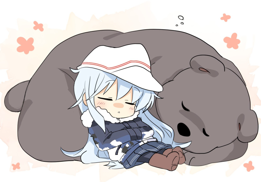 1girl bear black_legwear blue_skirt camouflage closed_eyes commentary_request hammer_and_sickle hands_on_own_chest hibiki_(kancolle) highres hizuki_yayoi jacket kantai_collection long_hair pantyhose pleated_skirt silver_hair sitting skirt sleeping verniy_(kancolle) white_headwear