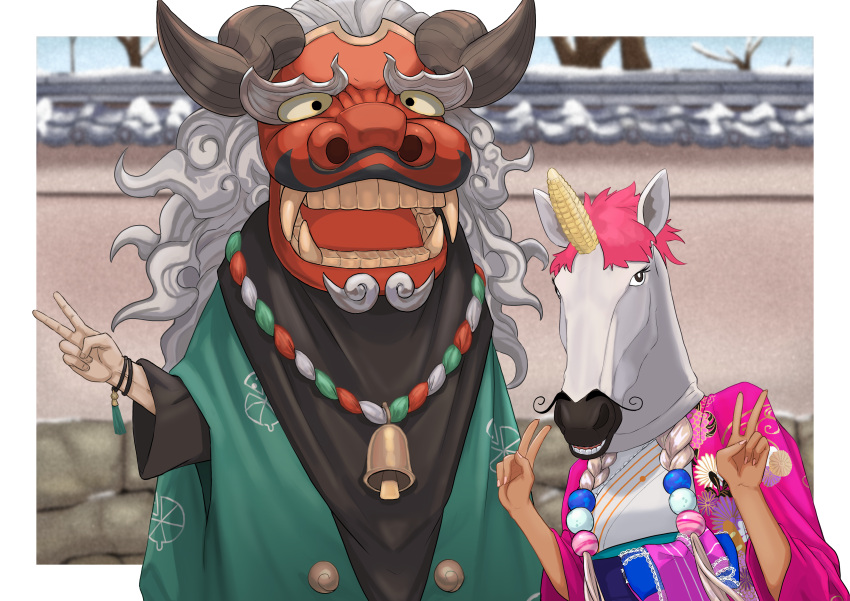 1boy 1girl absurdres arurandeisu bell braid corn_cob dark-skinned_female dark_skin double_v haori highres hololive hololive_english holostars horns horse_mask japanese_clothes kimono kuon_bb lion_dance mask shishimai snow trait_connection tsukumo_sana twin_braids v virtual_youtuber wall