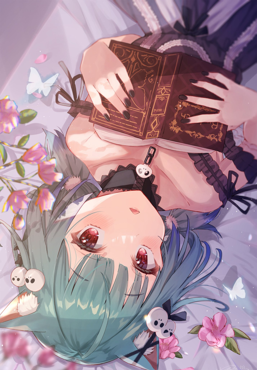 1girl ahoge animal_ears bangs bare_shoulders black_dress blue_hair blush book bow bug butterfly cat_ears choker dress ear_ribbon eyebrows_visible_through_hair flower frilled_straps gothic_lolita gradient_hair green_hair hair_ornament haru_yu highres hololive jewelry lace lace_choker lolita_fashion looking_at_viewer low_twintails lying medium_hair multicolored_hair nail_polish off-shoulder_dress off_shoulder on_back open_mouth red_eyes ribbon short_hair skull_hair_ornament solo twintails uruha_rushia virtual_youtuber