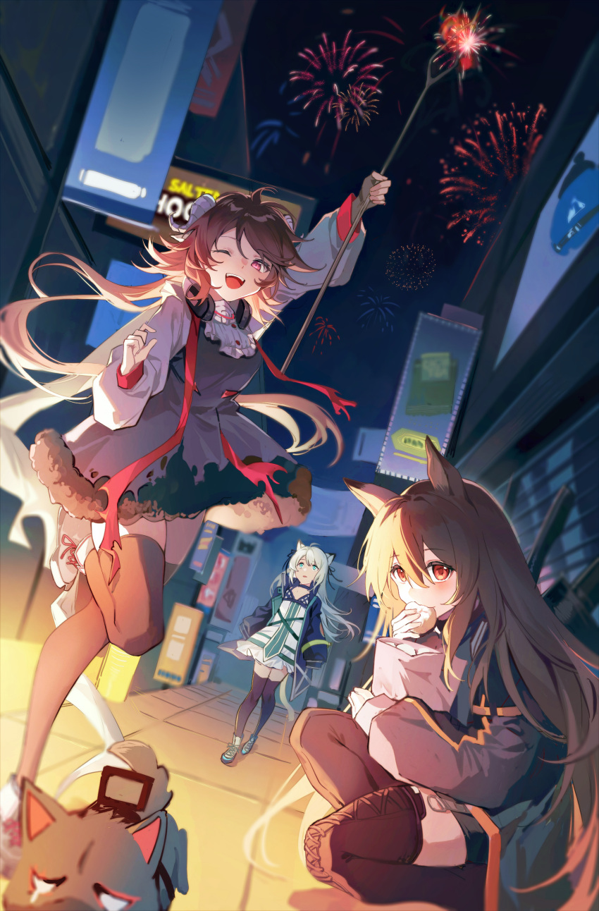 3girls ;d absurdres animal animal_ears arknights bag baozi black_hair black_jacket black_legwear blue_eyes blush boots brown_hair burnt_clothes cat_ears cat_girl cat_tail ceobe_(arknights) dog dog_ears dress ear_protection eating eyjafjalla_(arknights) fireworks food frilled_shirt_collar frills hair_between_eyes highres holding holding_food holding_staff horns jacket knee_boots layered_dress leg_up long_hair long_sleeves looking_at_viewer mint_(arknights) multiple_girls night night_sky one_eye_closed open_clothes open_mouth open_shirt outdoors purple_dress red_eyes road sheep_ears sheep_girl sheep_horns silver_hair sky smile squatting staff standing standing_on_one_leg storefront street tail thigh-highs very_long_hair weapon weapon_on_back white_dress white_footwear yunweishukuang zettai_ryouiki