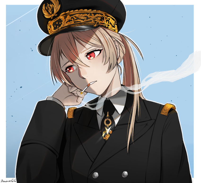 1girl artist_name azur_lane bangs black_headwear cigarette_holder darkpulsegg eyebrows_visible_through_hair hand_on_own_cheek hand_on_own_face hat jean_bart_(azur_lane) long_hair looking_down military military_hat military_uniform open_mouth pink_hair red_eyes simple_background smoke smoking solo uniform upper_body