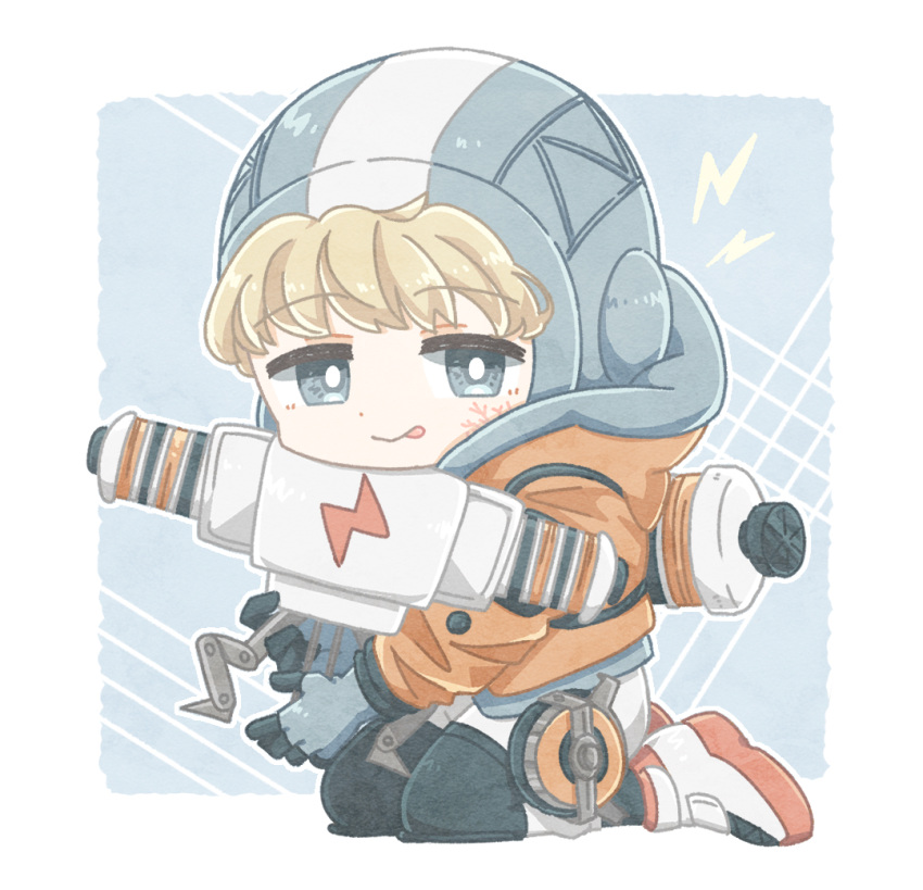 1girl apex_legends bangs blonde_hair blue_eyes blue_headwear bodysuit border bright_pupils cfcult7825 chibi eyebrows_visible_through_hair holding hood hooded_jacket jacket knee_pads kneeling lightning_bolt_symbol orange_jacket smile solo wattson_(apex_legends) white_bodysuit white_border white_footwear white_pupils