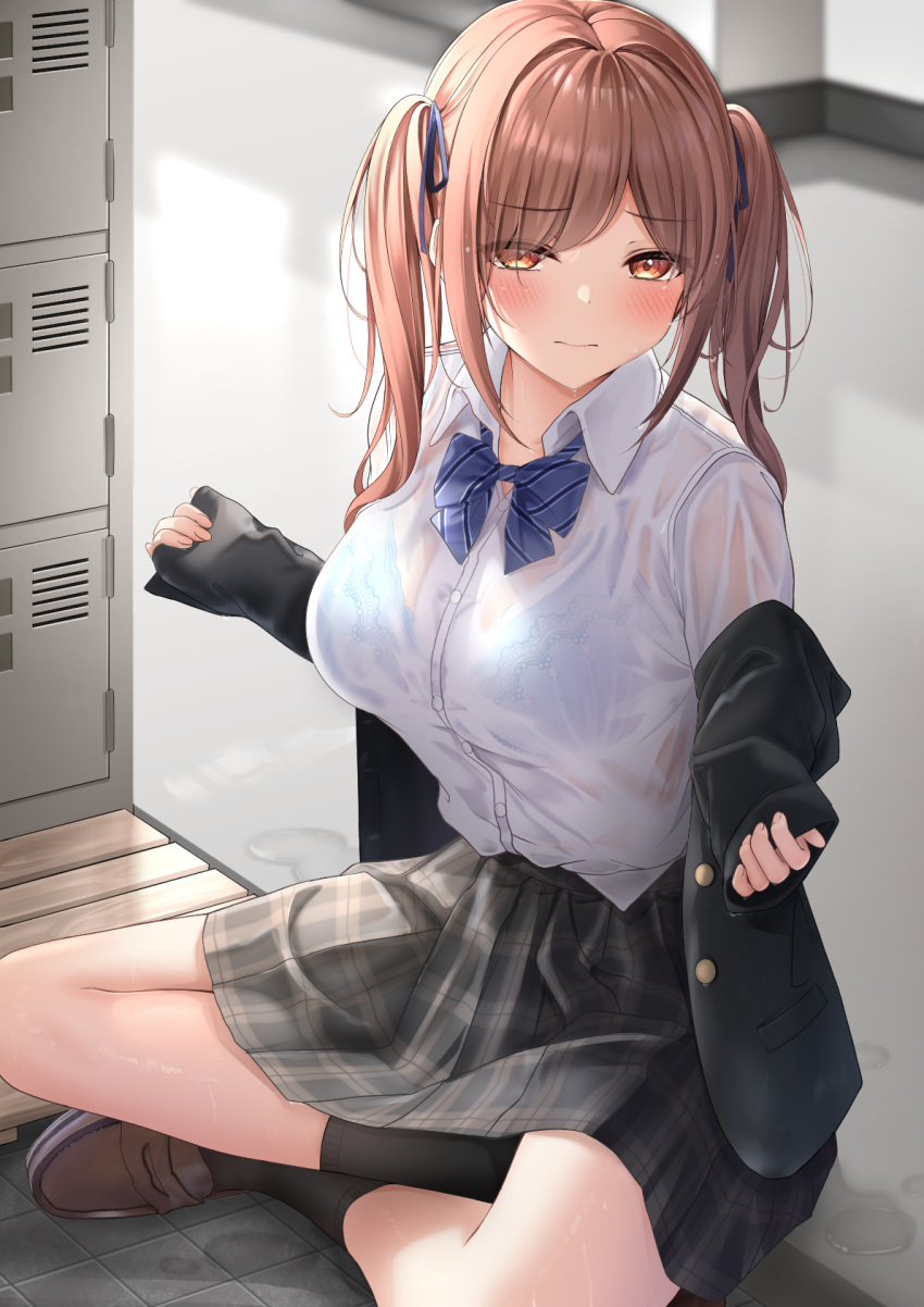 1girl bangs black_legwear black_skirt blue_bra blush bra breasts brown_eyes brown_hair closed_mouth collared_shirt commentary_request eyebrows_visible_through_hair hair_ornament highres large_breasts locker long_hair long_sleeves looking_at_viewer monaka_curl original school_uniform shirt shirt_tucked_in shoes sitting skirt solo underwear wet wet_clothes white_shirt