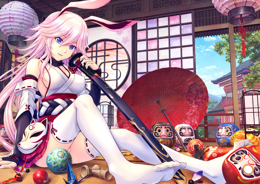 1girl animal_ears bangs bare_shoulders blue_sky branch breasts clouds cloudy_sky door fox_ears fox_mask full_body grin holding holding_sword holding_weapon honkai_(series) honkai_impact_3rd indoors japanese_clothes katana lantern long_hair looking_at_viewer mask michi miko no_shoes oil-paper_umbrella on_floor origami panties paper_lantern pink_hair pink_panties pink_skirt sitting skirt sky smile soles solo sword thigh-highs umbrella underwear violet_eyes weapon white_legwear white_sleeves yae_sakura yae_sakura_(gyakushinn_miko)