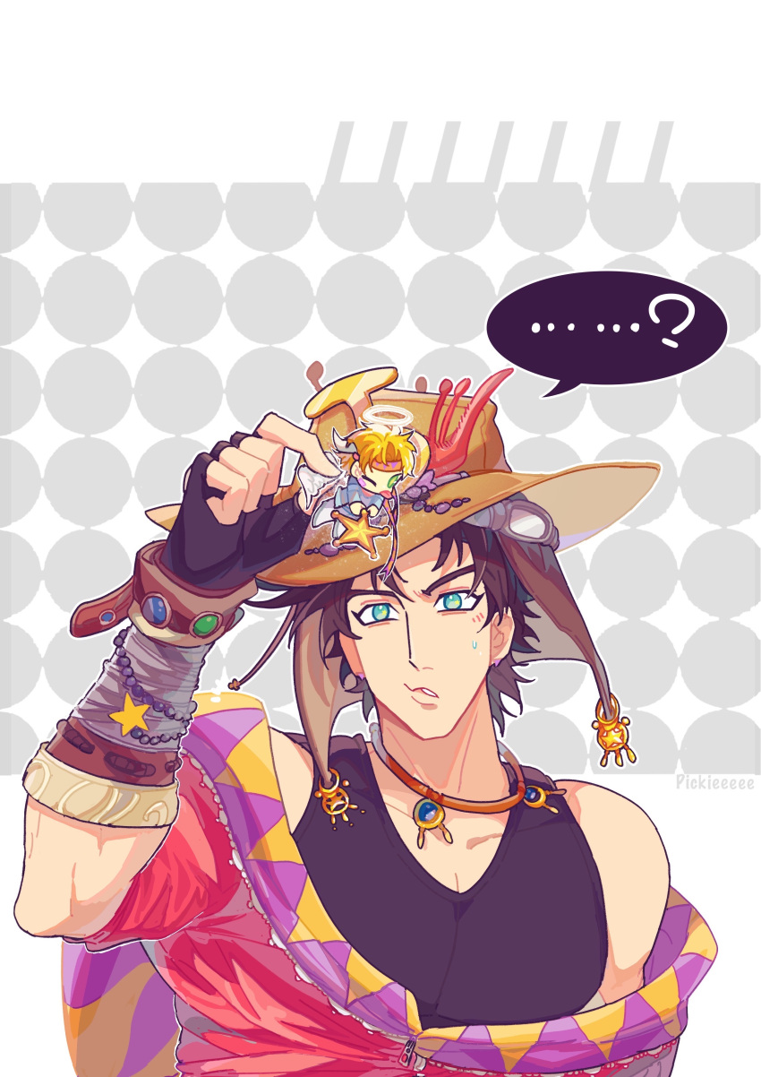 ...? 2boys absurdres angel_wings bare_shoulders battle_tendency blonde_hair blue_jacket bracelet bracer brown_hair caesar_anthonio_zeppeli chibi confused facial_mark fingerless_gloves gloves green_eyes halo hat highres jacket jewelry jojo_no_kimyou_na_bouken joseph_joestar joseph_joestar_(young) male_focus miniboy multiple_boys off_shoulder official_alternate_costume partially_unzipped pectoral_cleavage pectorals pickieeeee star_(symbol) star_ornament sweatdrop tongue tongue_out triangle_print wings