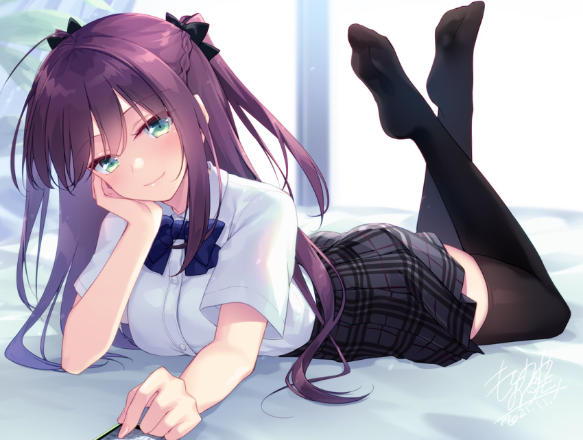 1girl bangs bed_sheet black_bow black_legwear blue_bow bow braid breasts cellphone closed_mouth collared_shirt commentary_request dated dress_shirt eyebrows_visible_through_hair green_eyes grey_skirt hair_bow legs_up long_hair looking_at_viewer lying medium_breasts motomiya_mitsuki no_shoes on_stomach original phone plaid plaid_skirt pleated_skirt purple_hair shirt short_sleeves signature skirt smile soles solo thigh-highs two_side_up very_long_hair white_shirt