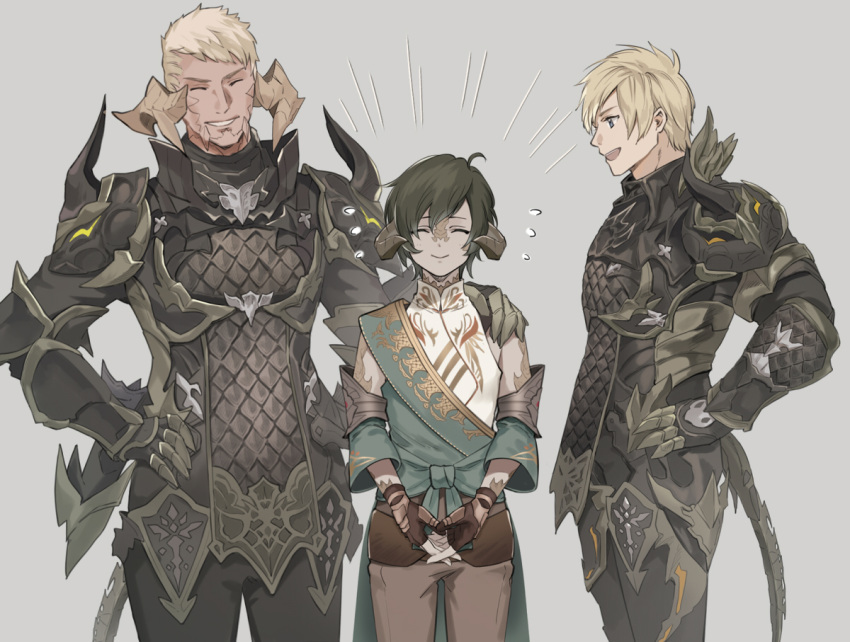 3boys ^_^ armor au_ra babape bangs black_hair blonde_hair blue_eyes breastplate brown_gloves brown_pants closed_eyes commentary cowboy_shot detached_sleeves dragon_horns dragon_tail facing_viewer final_fantasy final_fantasy_xiv fingerless_gloves gauntlets gloves grey_background hand_on_another's_shoulder hand_on_hip horns looking_at_another male_focus multiple_boys open_mouth own_hands_together pants pauldrons scales short_hair shoulder_armor simple_background smile standing swept_bangs tail varshahn