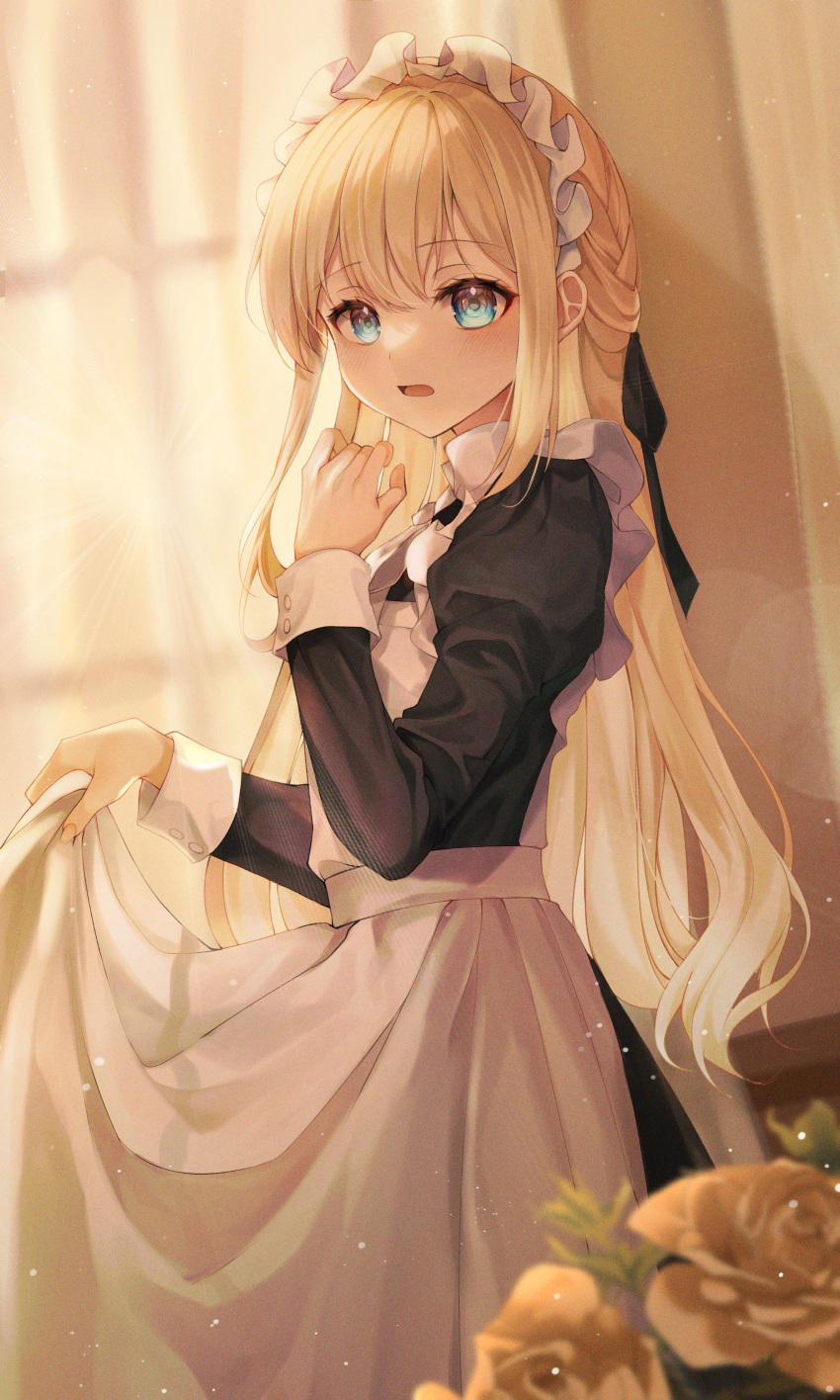 1girl absurdres apron bangs black_dress blonde_hair blue_eyes commentary_request dress duyu eyebrows_visible_through_hair flower highres juliet_sleeves long_hair long_sleeves looking_at_viewer maid maid_headdress open_mouth original puffy_sleeves skirt_hold solo very_long_hair white_apron yellow_flower