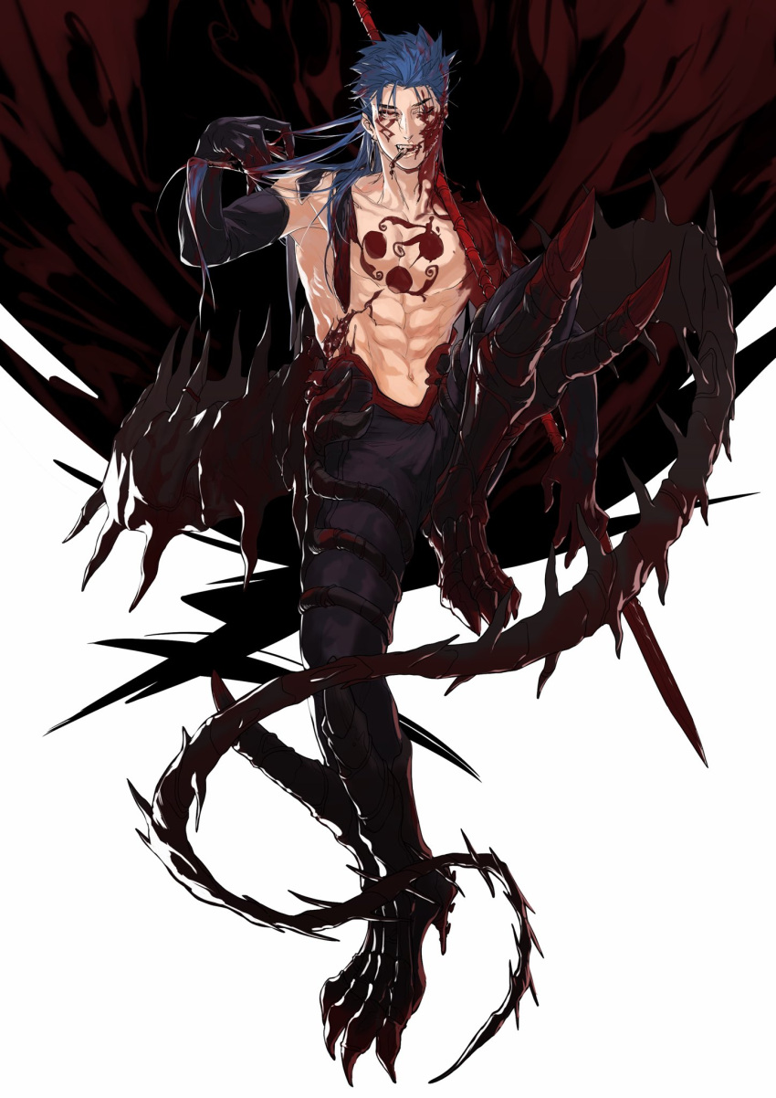 1boy abs black_gloves black_pants blood blood_in_hair blood_on_face blue_hair bodypaint claws cliff_(42961931) collarbone cu_chulainn_(fate) cu_chulainn_alter_(fate/grand_order) dark_persona earring_removed elbow_gloves facepaint fang fate/grand_order fate_(series) full_body gae_bolg_(fate) gloves highres injury knee_up long_hair looking_at_viewer male_focus monster_boy muscular muscular_male navel one_eye_closed pants red_eyes sharp_teeth simple_background skin_tight smile solo spikes spiky_hair tail teeth topless_male white_background