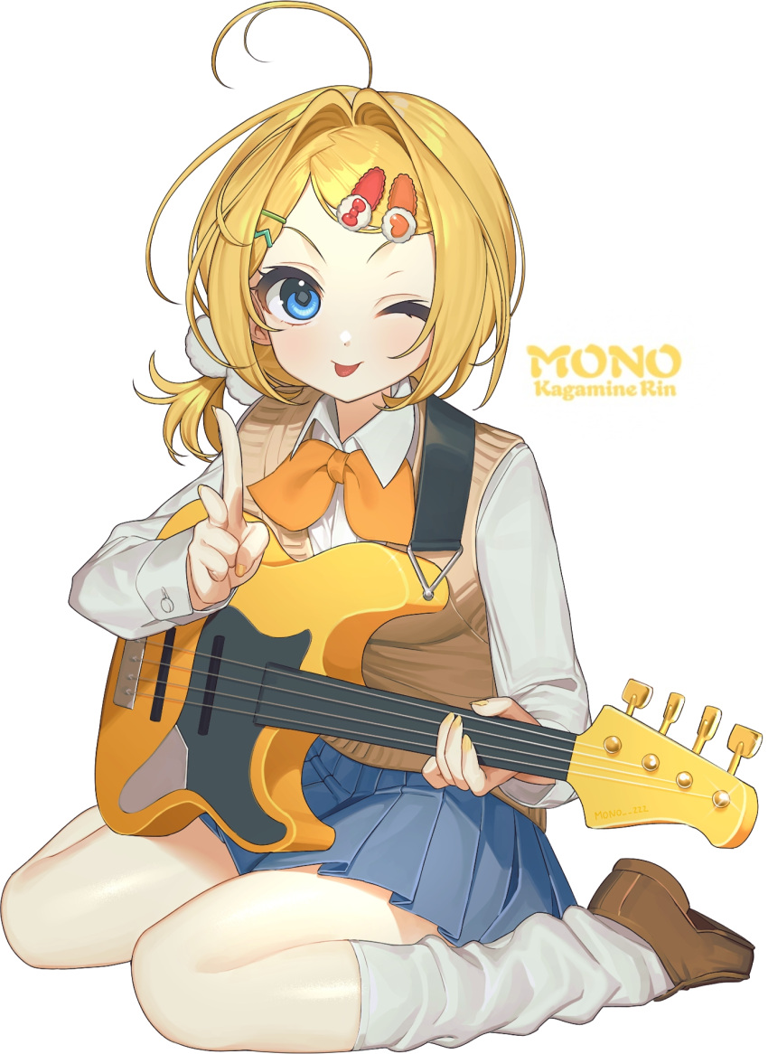 1girl ;p ahoge bass_guitar blonde_hair blue_eyes bow bowtie brown_footwear character_name collared_shirt commentary hair_ornament hand_up highres holding holding_instrument instrument kagamine_rin loafers looking_at_viewer loose_socks mono_(mono_zzz) one_eye_closed pleated_skirt pom_pom_(clothes) shirt shoes short_hair simple_background sitting skirt socks solo sweater tongue tongue_out v vocaloid wariza white_background