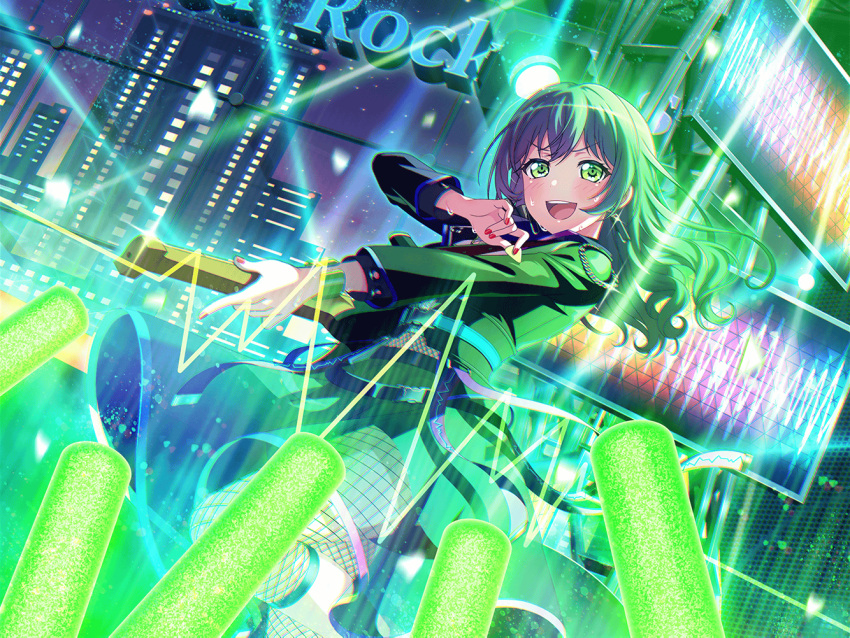 1girl asahi_rokka bang_dream! blue_hair blush cityscape glowstick green_eyes guitar jacket long_hair night official_art red_nails smile stage stage_lights star_(sky) sweatdrop