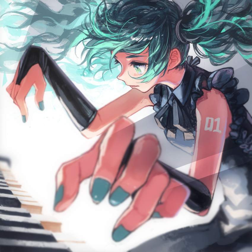 1girl aqua_hair aqua_nails black_gloves bridal_gauntlets collared_shirt floating_hair frilled_shirt frills gloves hatsune_miku highres instrument parted_lips piano profile shirt sleeveless sleeveless_shirt solo twintails upper_body vocaloid white_background window1228