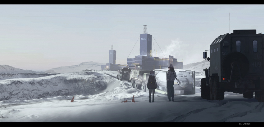 2girls beanie black_hair building chinese_commentary commentary_request daria_(haguruma_c) from_behind haguruma_c hat highres letterboxed long_hair low_ponytail maz-537 military military_vehicle multiple_girls original outdoors scenery snow spare_tire standing traffic_cone