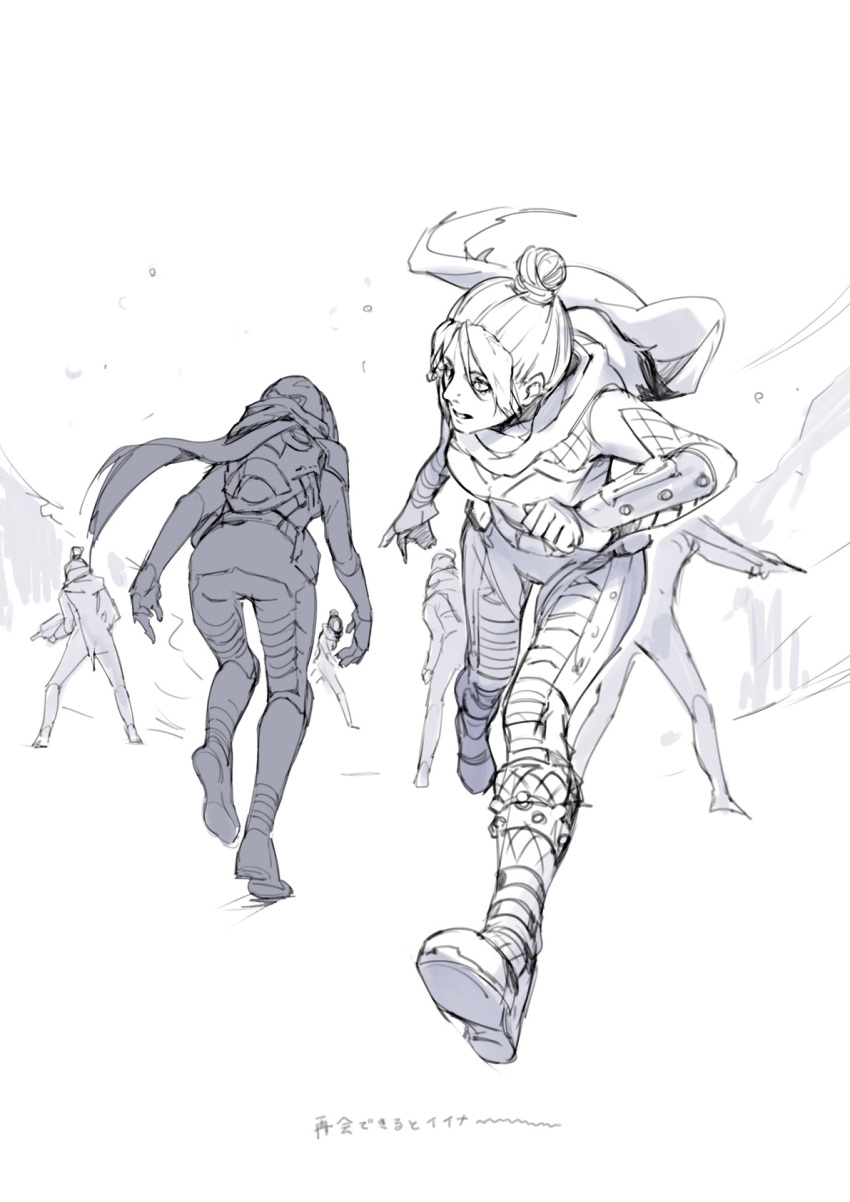 6+girls apex_legends bangs boots breasts clenched_hand greyscale gun hair_bun helmet highres holding holding_gun holding_weapon looking_back medium_breasts monochrome multiple_girls multiple_persona parted_bangs renee_shika_egakan running scarf sketch translation_request voidwalker_wraith weapon white_background wraith_(apex_legends)