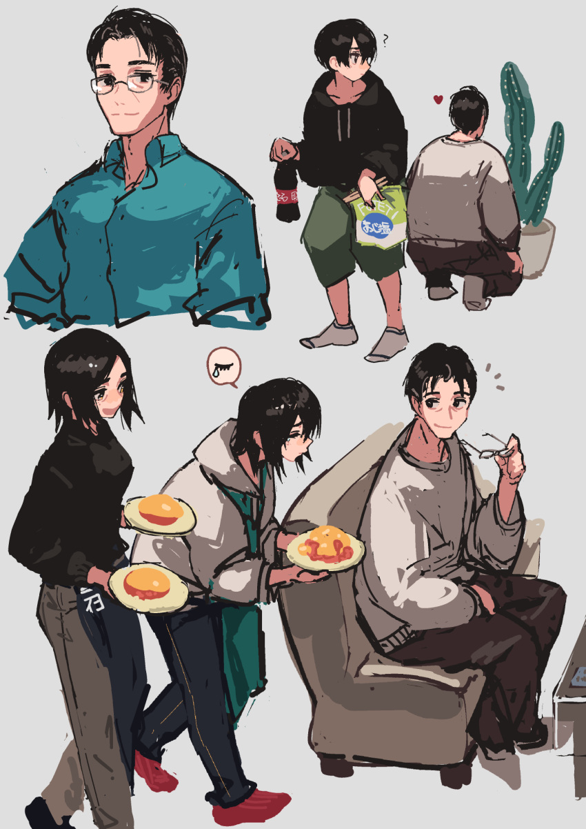 black_hair black_pants blue_shirt bottle brown_pants cactus chair collared_shirt copyright_request food glasses green_pants heart highres holding holding_food holding_plate long_sleeves pants plant plate potted_plant red_legwear shirt short_hair sitting socks table window1228