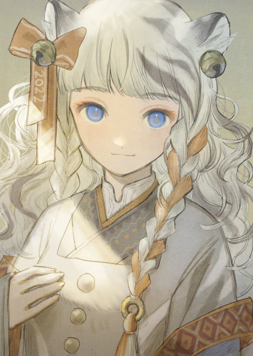 1girl 2022 animal_ears bangs bell blue_eyes blunt_bangs bow braid chinese_zodiac eyebrows_visible_through_hair fujie-yz grey_background grey_hair hair_bell hair_bow hair_ornament hand_on_own_chest highres long_hair long_sleeves looking_at_viewer makeup multicolored_hair new_year orange_hair original side_braids simple_background solo tiger_ears tiger_girl upper_body white_hair wide_sleeves year_of_the_tiger