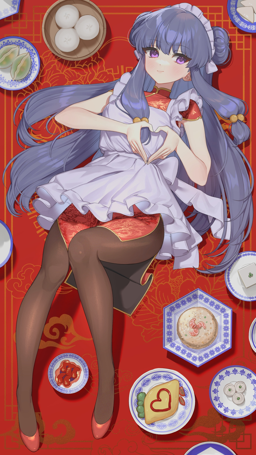 1girl absurdres apron china_dress chinese_clothes closed_mouth dress eyebrows_visible_through_hair food frilled_apron frills full_body hair_bun heart heart_hands highres knees_together_feet_apart knees_up long_hair lying maid_headdress mono_(mono_zzz) on_back pantyhose purple_hair ranma_1/2 shampoo_(cat) shampoo_(ranma_1/2) sidelocks solo violet_eyes