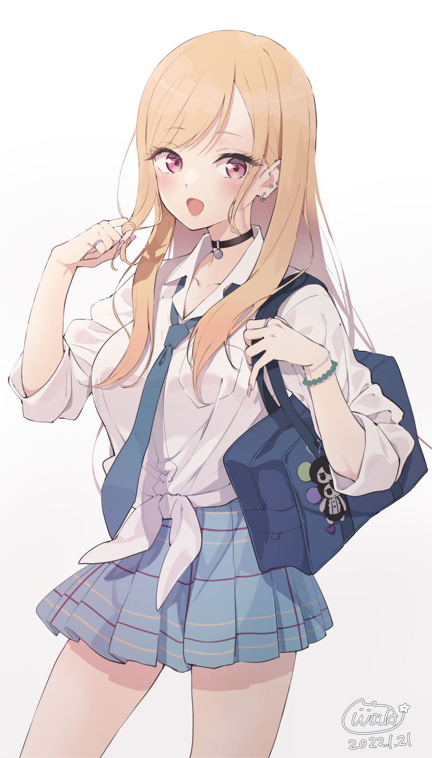 1girl :d absurdres bag bangs black_choker blonde_hair blue_necktie blue_skirt blush breasts choker collarbone collared_shirt commentary dated dress_shirt ear_piercing earrings eyebrows_visible_through_hair front-tie_top gradient gradient_background grey_background hand_up highres jewelry kitagawa_marin long_hair long_sleeves looking_at_viewer medium_breasts necktie neki_(wakiko) piercing pleated_skirt red_eyes school_bag school_uniform shirt signature skirt smile solo sono_bisque_doll_wa_koi_wo_suru swept_bangs white_background white_shirt