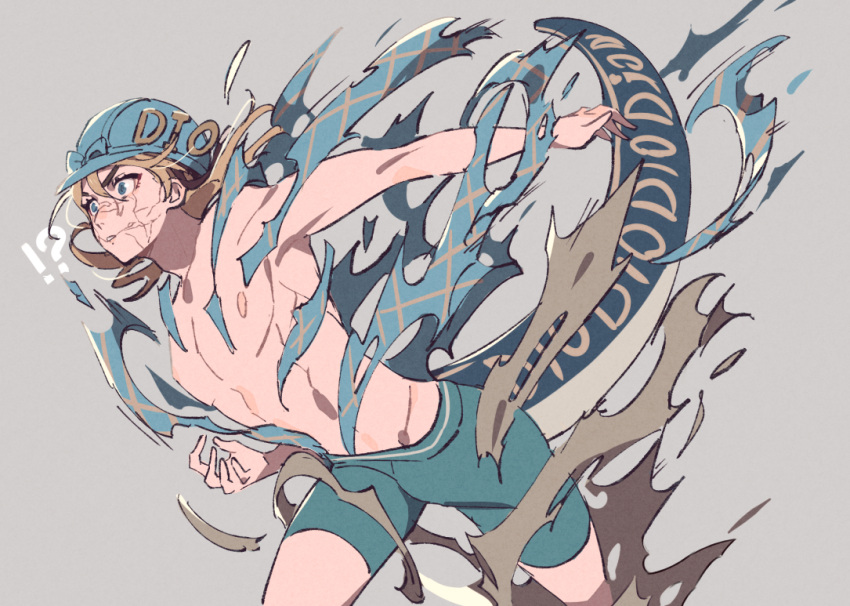 !? 1boy argyle blonde_hair blue_eyes boxer_briefs cracked_skin diego_brando dinosaur_tail exploding_clothes hat jojo_no_kimyou_na_bouken male_focus male_underwear scary_monsters_(stand) shirt solo son_(skvnmn0) stand_(jojo) steel_ball_run tail toned toned_male topless_male torn_clothes torn_shirt underwear