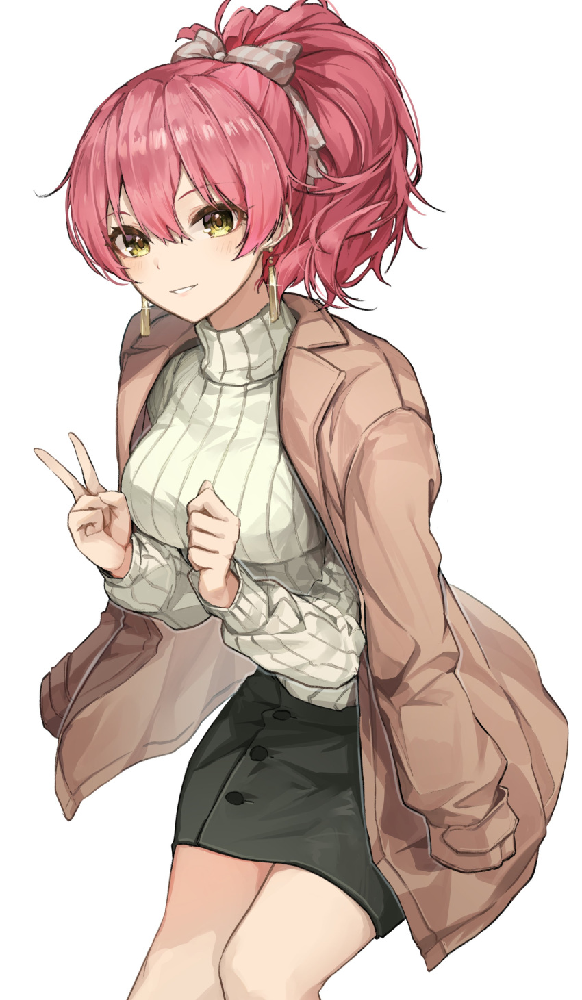 1girl absurdres beige_sweater blush breasts brown_coat clenched_hand coat earrings eyelashes feet_out_of_frame glint hair_between_eyes highres idolmaster idolmaster_cinderella_girls jacket jacket_on_shoulders jewelry jougasaki_mika light_smile looking_at_viewer medium_breasts pink_hair ponytail shino_sto simple_background solo striped striped_sweater sweater v white_background yellow_eyes