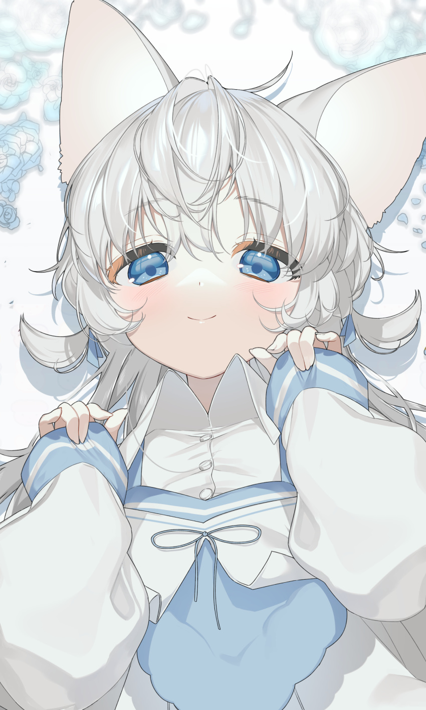 1girl absurdres animal_ears bangs blue_eyes cat_ears cat_girl closed_mouth commission eyebrows_visible_through_hair hands_up highres looking_at_viewer lying mono_(mono_zzz) on_back original paw_pose silver_hair sleeves_past_fingers sleeves_past_wrists smile solo upper_body