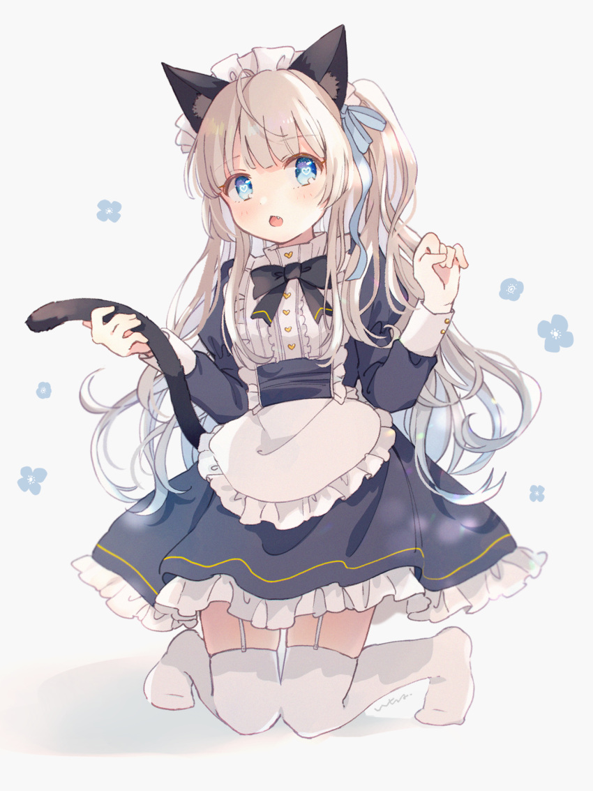 1girl animal_ears apron blonde_hair blue_eyes blush bow cat_ears cat_girl cat_tail fang garter_straps highres long_sleeves looking_to_the_side maid maid_apron maid_headdress nig_18 original pale_skin tail thigh-highs