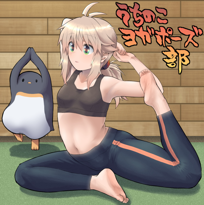 1girl 1other ahoge armpits arms_behind_head arms_up barefoot bird black_pants black_sports_bra blonde_hair breasts feet flexible green_eyes highres hijikata-san_(m.m) koshirae_tsurugi legs long_hair m.m navel original own_hands_together pants penguin ponytail sitting small_breasts soles sports_bra stretch thighs toes track_pants