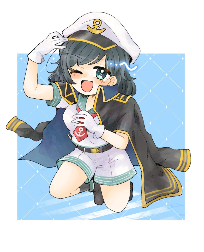 1girl ;d anchor_symbol bangs belt black_belt black_coat black_footwear black_hair blue_background border coat eyebrows_visible_through_hair full_body gloves green_eyes hat highres looking_at_viewer murasa_minamitsu necktie one_eye_closed open_mouth red_necktie sailor sailor_collar sailor_hat sailor_shirt shirt short_hair short_sleeves shorts smile solo suzukaze_4 touhou touhou_gouyoku_ibun white_border white_gloves white_headwear white_shorts