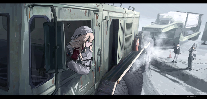 3girls blonde_hair chinese_commentary coat commentary_request fire_extinguisher grey_sky ground_vehicle haguruma_c highres knit_hat long_hair maz-537 military military_vehicle motor_vehicle multiple_girls original red_sweater side_mirror snow sweater traffic_cone trailer viveka_(haguruma_c) winter_clothes winter_coat