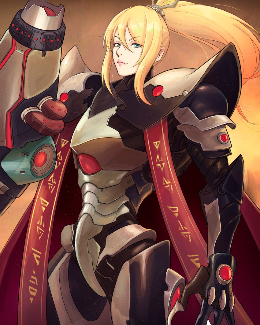 1girl absurdres arm_cannon armor blonde_hair blue_eyes cape claws cosplay gun highres long_hair looking_at_viewer metroid metroid_dread mole mole_under_mouth ponytail power_armor power_suit raven_beak_(metroid) red_cape samus_aran science_fiction simple_background solo truejekart upper_body weapon