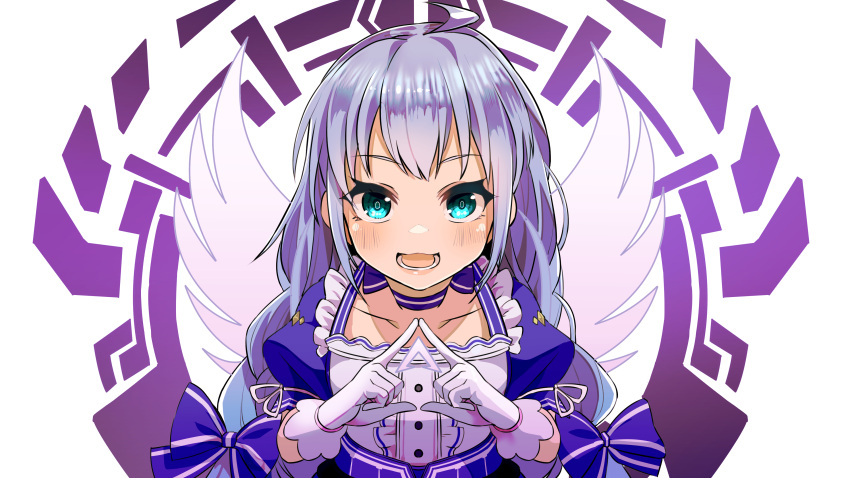 1girl :3 absurdres apex_legends bangs blue_bow blue_choker blue_dress blue_eyes blue_hair blush bow braid choker collarbone cowlick dress eyebrows_visible_through_hair fingers_together flat_chest gloves hair_bow highres long_hair nijisanji open_mouth smile solo twin_braids virtual_youtuber white_background white_gloves yunekoko yuuki_chihiro