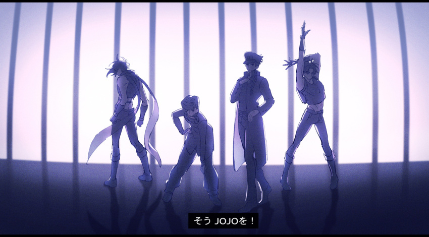 4boys backlighting battle_tendency crop_top dancing diamond_wa_kudakenai gloves hat higashikata_josuke jojo_no_kimyou_na_bouken jojo_pose jonathan_joestar joseph_joestar joseph_joestar_(young) kujo_jotaro long_coat male_focus midriff monochrome multiple_boys phantom_blood pose scarf son_(skvnmn0) stardust_crusaders