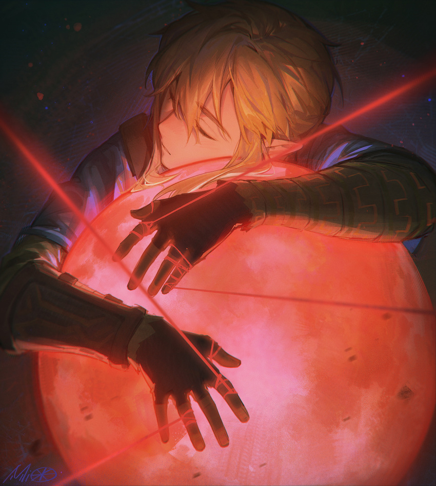 1boy alzi_xiaomi ball bangs blonde_hair chinese_commentary closed_eyes commentary_request fingerless_gloves gloves glowing hair_between_eyes highres link male_focus object_hug orb parted_lips pointy_ears red_theme signature simple_background sleeping solo string string_around_finger string_of_fate the_legend_of_zelda the_legend_of_zelda:_breath_of_the_wild tunic