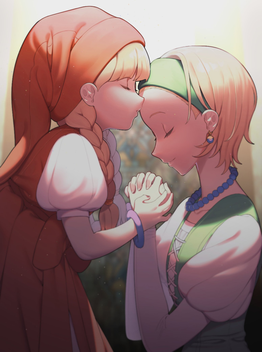 2girls blonde_hair braid closed_eyes dragon_quest dragon_quest_xi dress earrings facing_another hairband highres holding_hands jewelry kiss kissing_forehead mono_(mono_zzz) multiple_girls necklace own_hands_together praying puffy_short_sleeves puffy_sleeves senya_(dq11) short_hair short_sleeves smile twin_braids veronica_(dq11) wristband