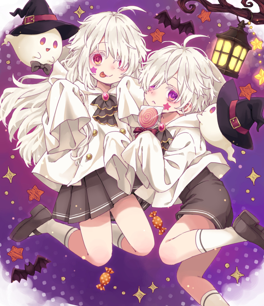 1boy 1girl :p candy cloak food ghost hat highres lantern lollipop long_sleeves looking_at_viewer original red_eyes rii_(pixiv11152329) shirt short_shorts shorts siblings skirt sleeves_past_wrists star_(symbol) tongue tongue_out twins violet_eyes white_cloak white_hair white_shirt witch_hat