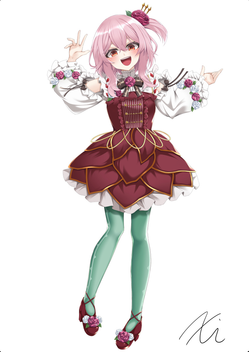 1girl absurdres bare_shoulders blush bow bowtie buttons clothing_cutout double-breasted dress eyebrows eyelashes flower full_body green_legwear hair_flower hair_ornament highres long_sleeves looking_at_viewer medium_hair nijisanji nijisanji_en open_mouth outstretched_arms pantyhose pink_hair red_dress red_eyes red_flower red_footwear red_rose rose rosemi_lovelock shoe_flower short_sidetail shoulder_cutout signature smile solo spread_arms standing virtual_youtuber white_background x_kw_ix
