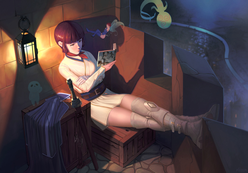 2girls against_wall belt book boots box brown_hair coat coat_removed crossed_arms gloves highres isabeau_(smt) lantern multiple_girls pixie_(megami_tensei) pliss_m reading scarf shin_megami_tensei shin_megami_tensei_iv short_hair single_glove skirt sword thigh-highs thigh_boots weapon
