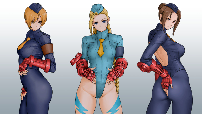 3girls ahoge ass backless_leotard bangs beret blonde_hair blue_leotard braid breasts brown_hair cammy_white character_request closed_mouth commentary_request cowboy_shot fingerless_gloves garrison_cap gloves hat highleg highleg_leotard highres leotard long_hair looking_at_viewer medium_breasts multiple_girls orange_hair pantyhose scar short_hair street_fighter street_fighter_zero_(series) thong_leotard twin_braids x_chitch