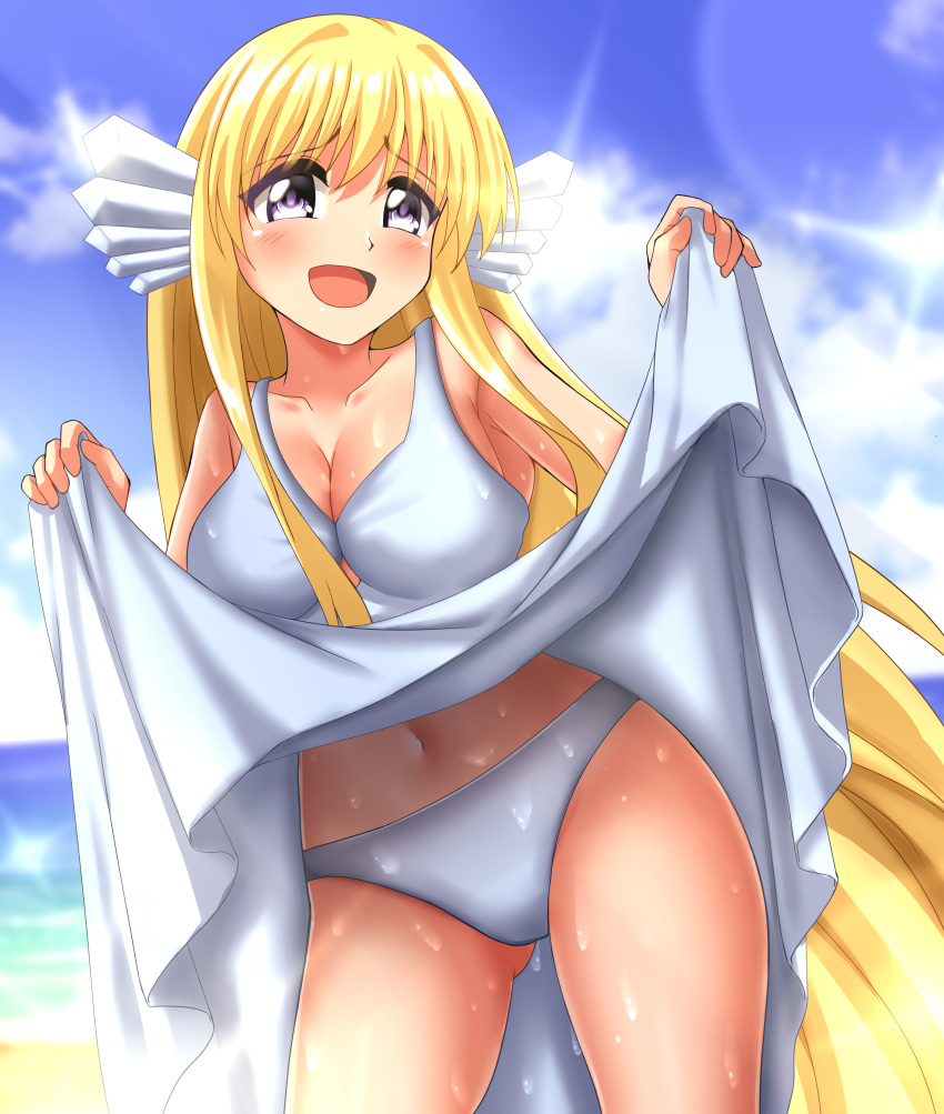 1girl absurdres beach blonde_hair blue_eyes blue_sky breasts clothes_lift clouds collarbone commentary_request commission cowboy_shot day dress dress_lift head_fins highres large_breasts long_hair looking_at_viewer maria_(mermaid_melody_pichi_pichi_pitch) mermaid_melody_pichi_pichi_pitch open_mouth outdoors panties sky smile solo underwear white_dress white_panties zanntetu