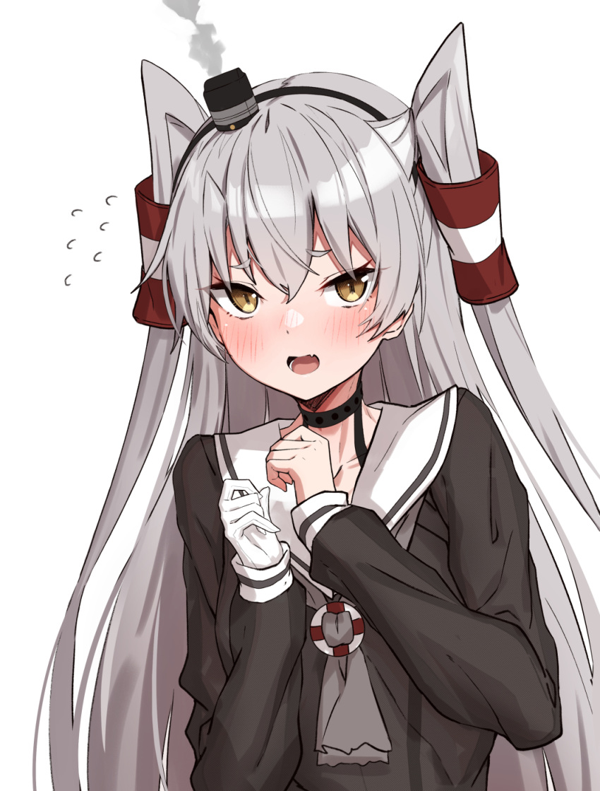 1girl amatsukaze_(kancolle) black_dress blush brown_eyes collarbone dress eyebrows_visible_through_hair fang flying_sweatdrops gloves hair_between_eyes hair_tubes highres kantai_collection long_hair long_sleeves open_mouth sailor_collar sailor_dress silver_hair simple_background single_glove skin_fang solo takanashi_kei_(hitsujikan) two_side_up upper_body white_background white_gloves white_sailor_collar windsock