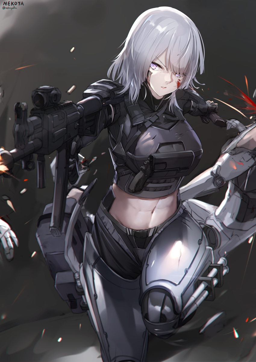 1girl abs ak-15 ak-15_(girls'_frontline) angry armor artist_name assault_rifle bangs breasts commentary cowboy_shot eyebrows_visible_through_hair firing girls_frontline glowing glowing_eye grey_background gun hair_between_eyes handgun highres holding holding_gun holding_weapon holstered_weapon kalashnikov_rifle large_breasts long_hair midriff mod3_(girls'_frontline) navel nekoya_(liu) parted_lips pistol pouch rifle sidelocks silver_hair snap-fit_buckle solo_focus standing standing_on_one_leg tactical_clothes violet_eyes weapon