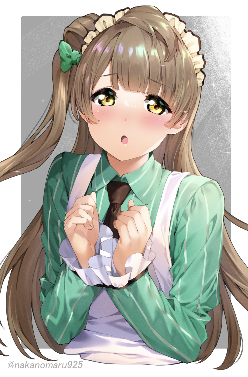 1girl absurdres alternate_costume blush bow brown_hair commentary_request enmaided eyebrows_visible_through_hair green_bow hair_bow highres long_hair long_sleeves looking_at_viewer love_live! love_live!_school_idol_project maid maid_headdress minami_kotori nakano_maru open_mouth side_ponytail solo twitter_username upper_body yellow_eyes