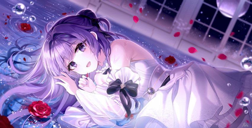 1girl :d artist_name azur_lane bangs bare_shoulders black_ribbon blush breasts eyebrows_visible_through_hair flower hair_ornament hair_ribbon highres long_hair looking_at_viewer lying moon on_side open_mouth petals polla purple_hair purple_nails red_flower red_rose ribbon rose signature smile unicorn_(azur_lane) violet_eyes water wet wet_clothes window