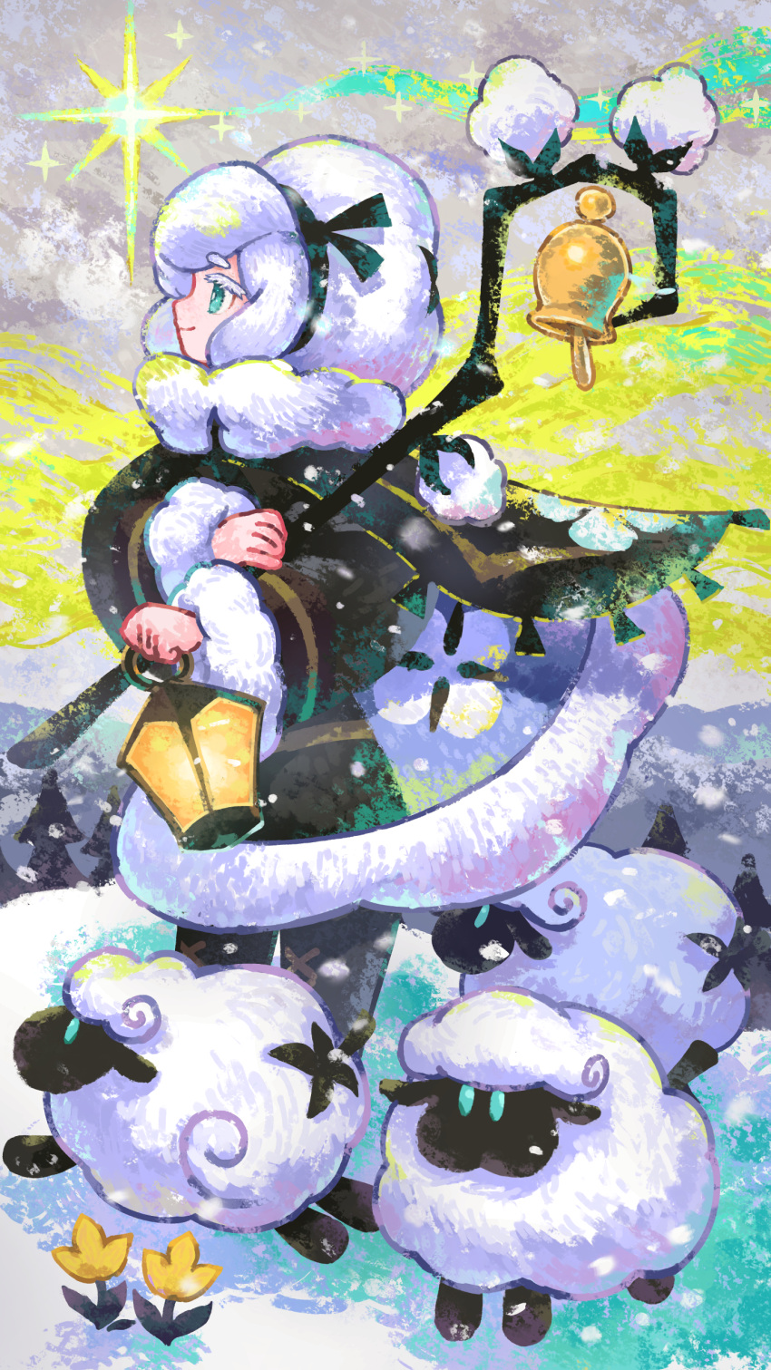 1girl absurdres aqua_eyes bell character_request clouds cloudy_sky cookie_run flower full_body fur_trim highres holding holding_staff long_sleeves profile sheep sky smile snow solo staff standing tree window1228 yellow_flower