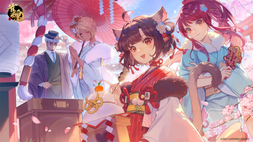 1boy 3girls ahoge animal_ears bangs beard black_hair blonde_hair blue_eyes blue_kimono blue_necktie blush breasts brown_hair cat_ears cat_tail cherry_blossoms closed_mouth collared_shirt commentary day eyebrows_visible_through_hair facial_hair flower food fujimoto_kirara fur-trimmed_kimono fur_trim glasses hair_flower hair_ornament hand_on_headwear hat highres holding holding_food ichihime index_finger_raised japanese_clothes joseph_(mahjong_soul) kimono kujou_riu long_hair long_sleeves looking_at_viewer mahjong mahjong_soul mahjong_tile multiple_girls necktie obi oil-paper_umbrella one_eye_closed open_mouth orange_eyes outdoors palms_together pink_flower ponytail purple_hair red_eyes red_kimono red_rope rope sash shirt short_hair shrine skewer small_breasts smile sunlight swept_bangs tail umbrella vhumiku white_hair white_shirt wide_sleeves